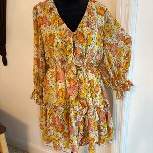 CLEOBELLA Audrey Floral Pink Yellow Orange Dress! Ruffles! Long Sleeve! Excel. M